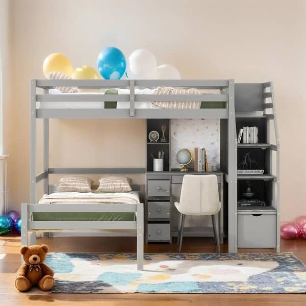 slide 2 of 38, Elegant Style Twin Size Loft Bed with a Stand-alone Bed, Storage Staircase, Desk, Shelves and Drawers, Solid Construction, Gray Grey