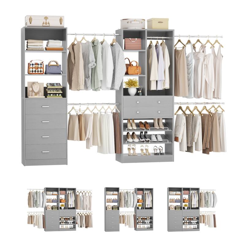 Set of 2 Closet Organizer System with Wood Drawers, Amoire Wardrobe with Hanging Rods