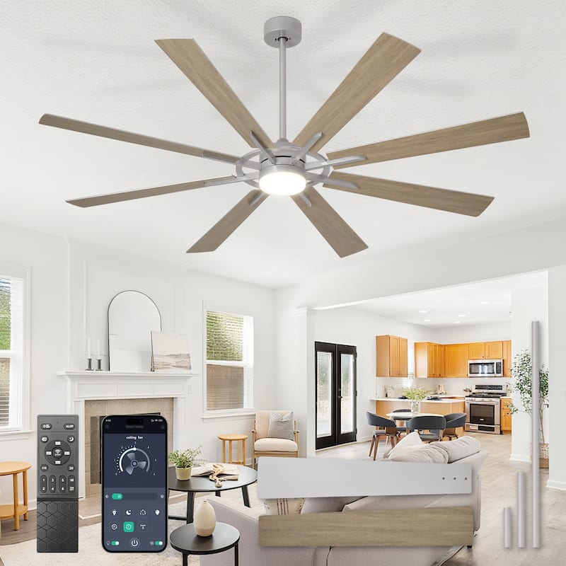 Modern 72 Inch 8 Blade Outdoor large Ceiling Fans with Lights: Dimmable Indoor Reversible 6 Speed Quiet DC Motor - 66in - Silver