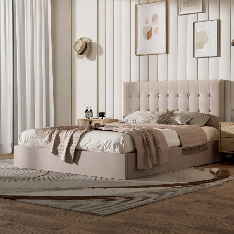 Plywood Frame Upholstered Platform Bed with Lift-up Storage - Khaki - Twin