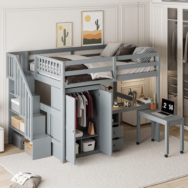 slide 2 of 66, Multifunctional Loft Bed w/Stairs, Bookshelf, Drawers, Desk & Wardrobe Full - Grey