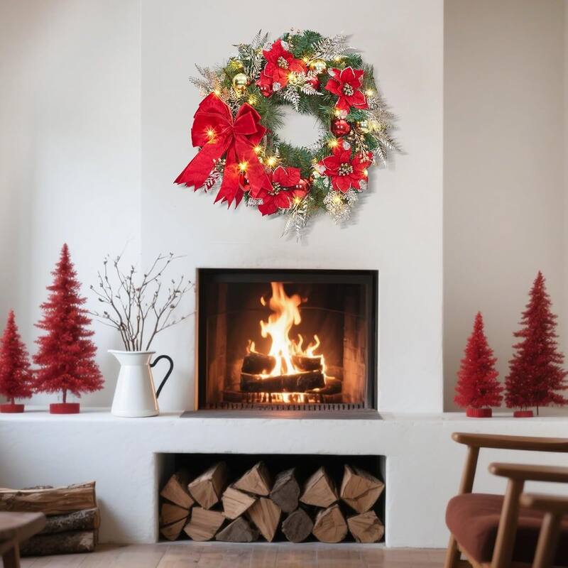 24 Inch PVC Christmas Wreath, Red Bow Garland for Front Door - N/A