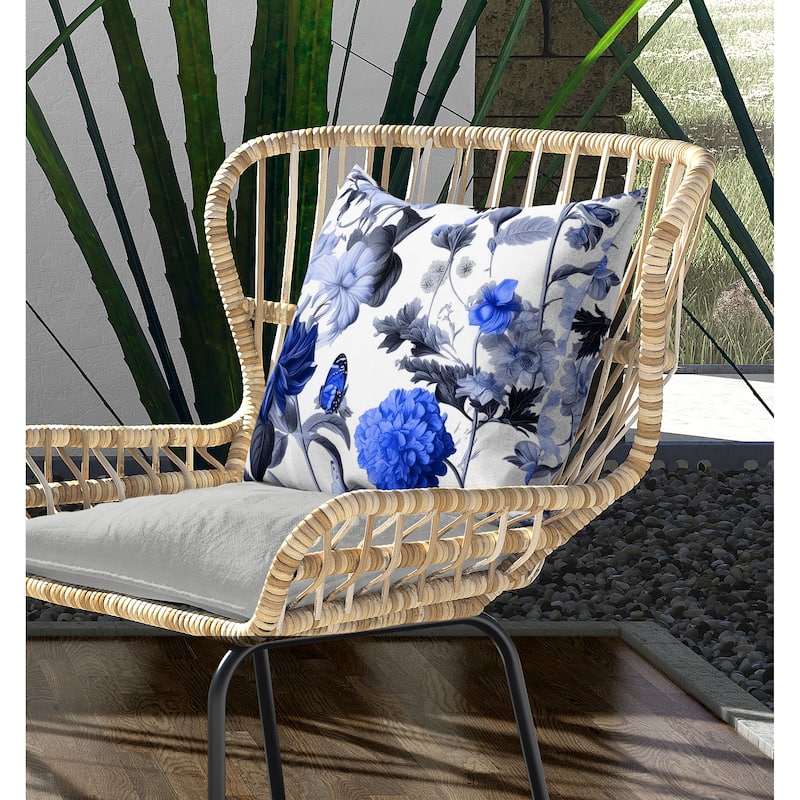 Mixed Flower Delight Indoor/Outdoor Reversible Throw Pillow White and Blue