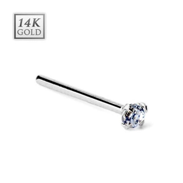 14 Karat Solid White Gold Nose Fish Tail Ring w/ Prong 2mm Round CZ Top - 20 GA 1/2" Long (Sold Ind.)
