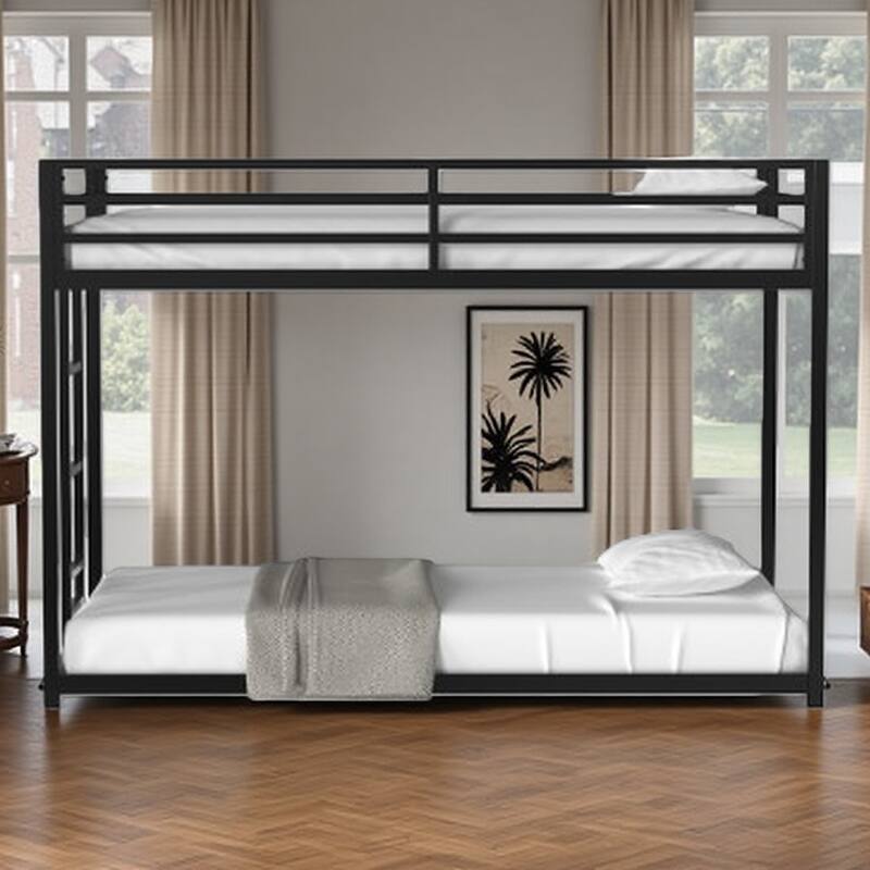 Twin Over Twin Metal Bunk Bed with Reversible Ladder, Full-Length Guardrails, Sturdy Square Tube Frame - Black
