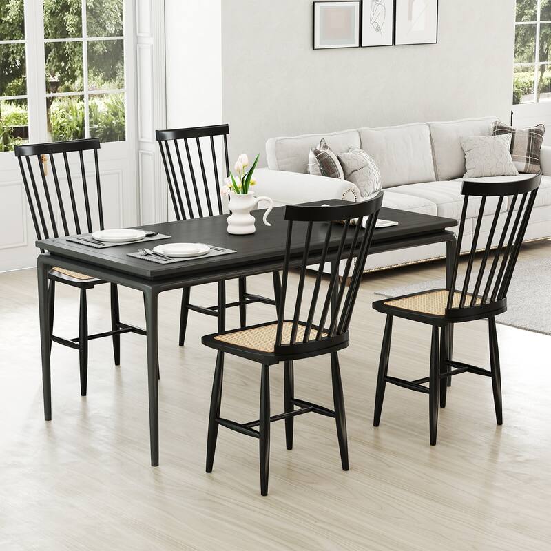 Stylish Windsor Style Dining Chair Set with PE Rattan Seat Ergonomic Spindle Back and Rubber Wood Frame - 21.5" x 16" x 38"