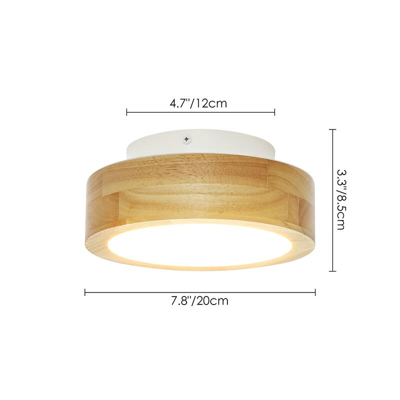 1-Light 7.87 in. Modern Farmhouse Small LED Round Wall Sconce in Natural Rubberwood Finish - 7.87 in. W x 3.35 in. H