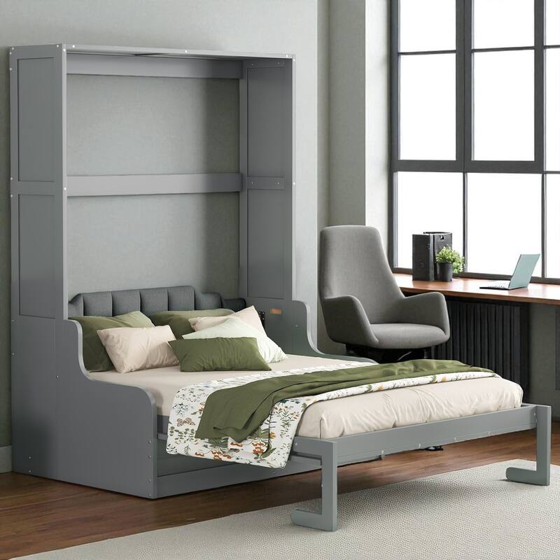 Queen Size Murphy Wall Bed with Cushion Seat, Dual Piston Lift, Space-Saving Cabinet, 8 in Mattress Compatible