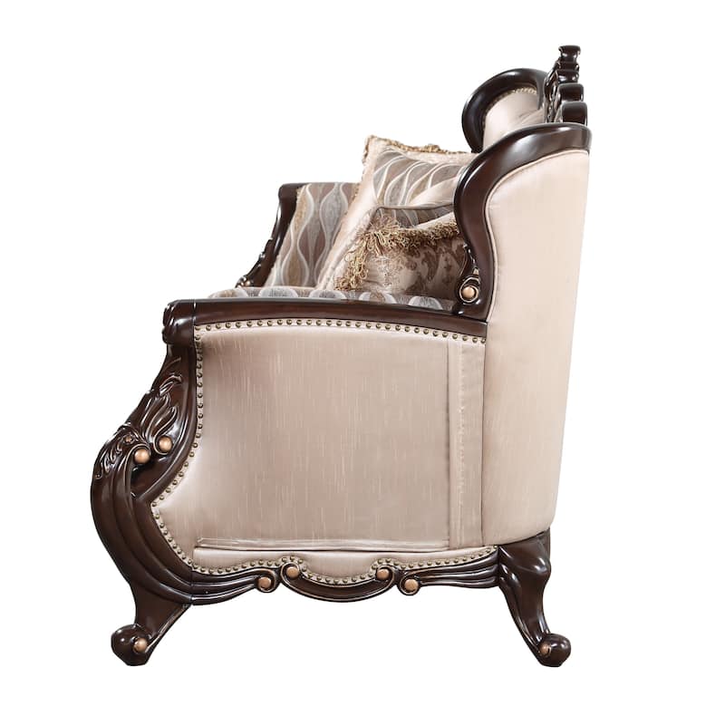 Cona 95 Inch Sofa, Classic Gold Carved Details, Brown, Button Tufted Beige