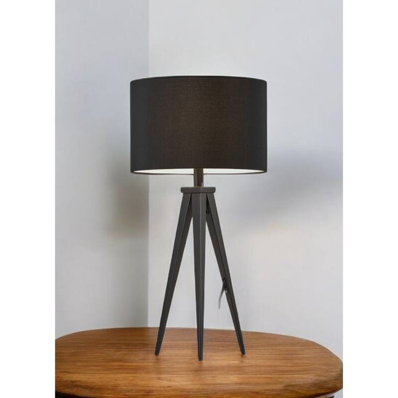 Black Metal Tripod Table Lamp with Drum Fabric Shade and Rotary Switch - 14” x 14” x 28” (D x W x H)