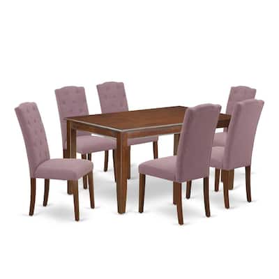 HomeStock 7-Piece Rectangle Mahogany Finish Solid Wood Top Dining Table with 6-Parson Chairs with Lattice Back