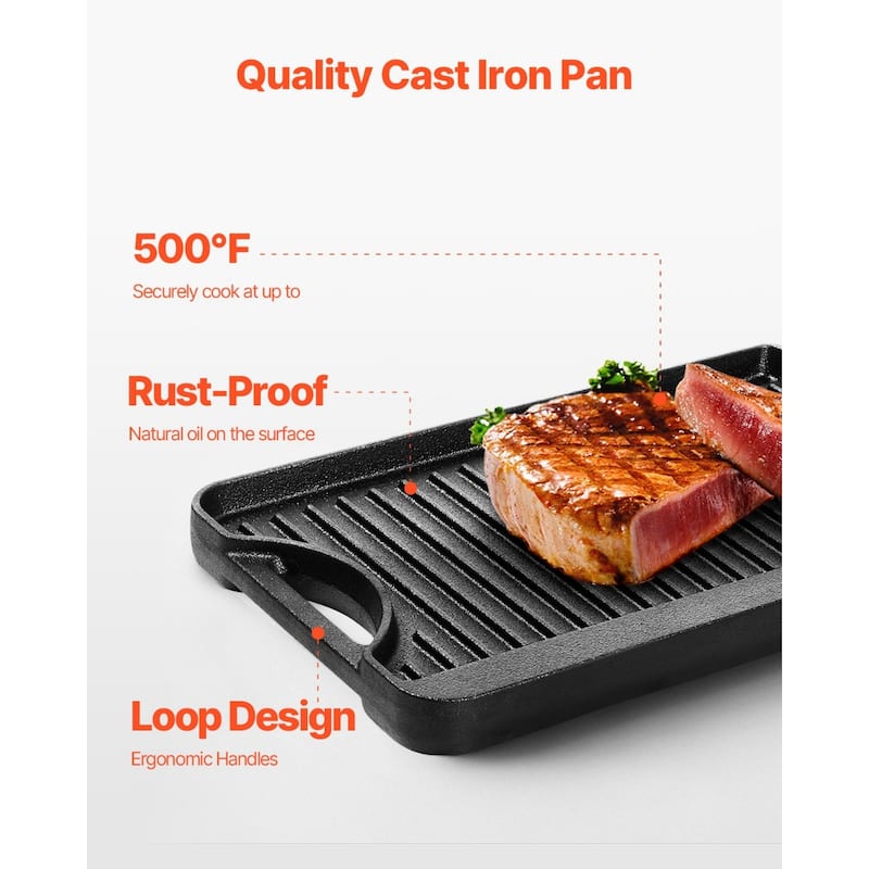 Black Reversible Flat Cast Iron Griddle Grill BBQ Pan with 500°F Heat Resistant for Indoor Outdoor Cooking