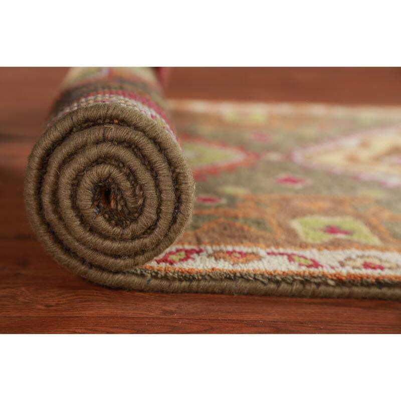 Hand Knotted Oriental 100% Wool Carpet Traditional Geometric Green Kazak Runner Rug - 9' 9'' X 2' 6''