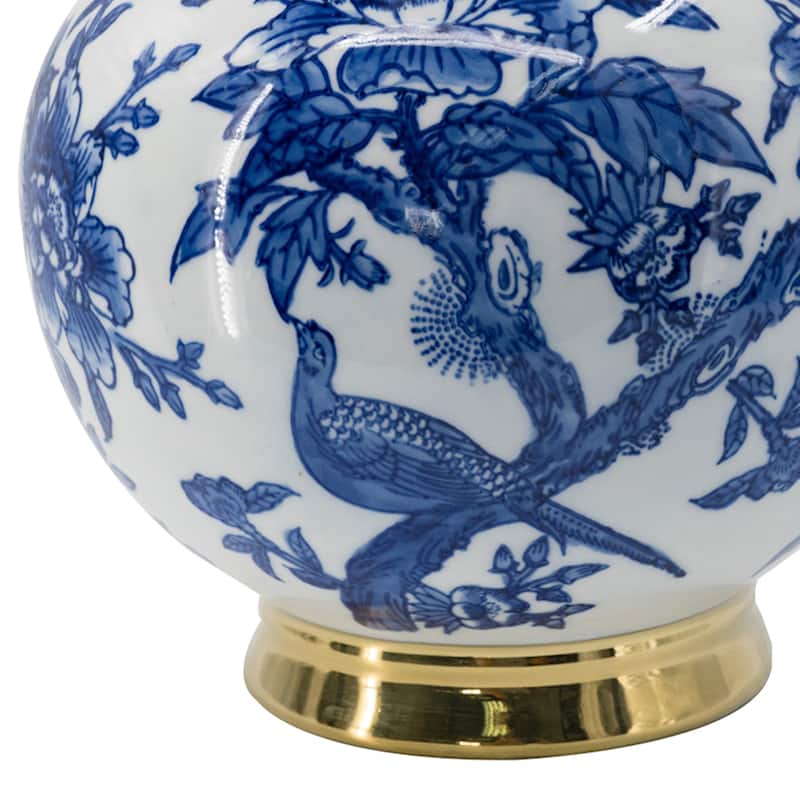 Large Chinoiserie Floral and Bird Porcelain Vase 16" White and Blue
