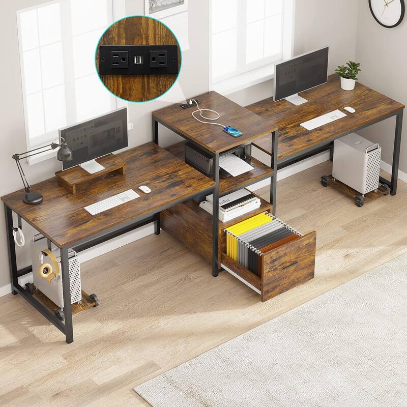 Two Person Double Computer Desk LED Gaming Desk 2 Storage Shelves