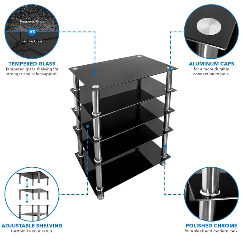Mount-It! Tempered Glass AV Component Media Stand, Audio Tower and Media Center with 5 Shelves - Black
