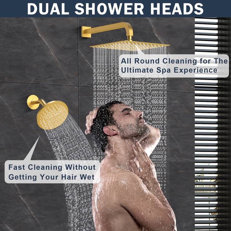 Thermostatic Dual Shower System 12" and 6" Rainfall Shower Head with 6 Body Jets & Handheld Shower