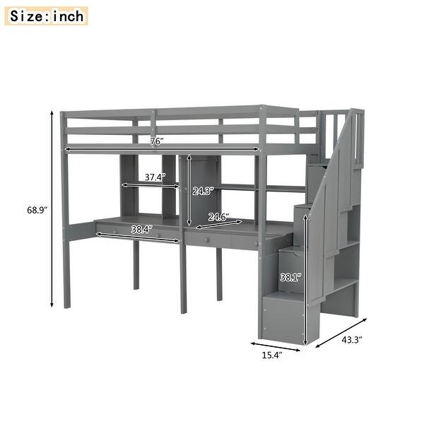 Gray Twin Size Solid Wood Loft Bed with Storage Staircase, Desks, and Shelves