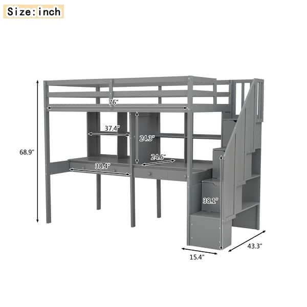 dimension image slide 0 of 2, Twin Loft Bed with Storage Staircase, Double Desks and Shelves, White