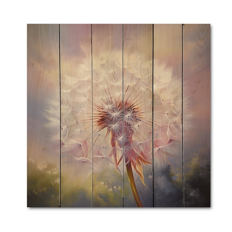 Designart "Purple Dandelion Romantic Impression II" Landscapes Print on Natural Pine Wood