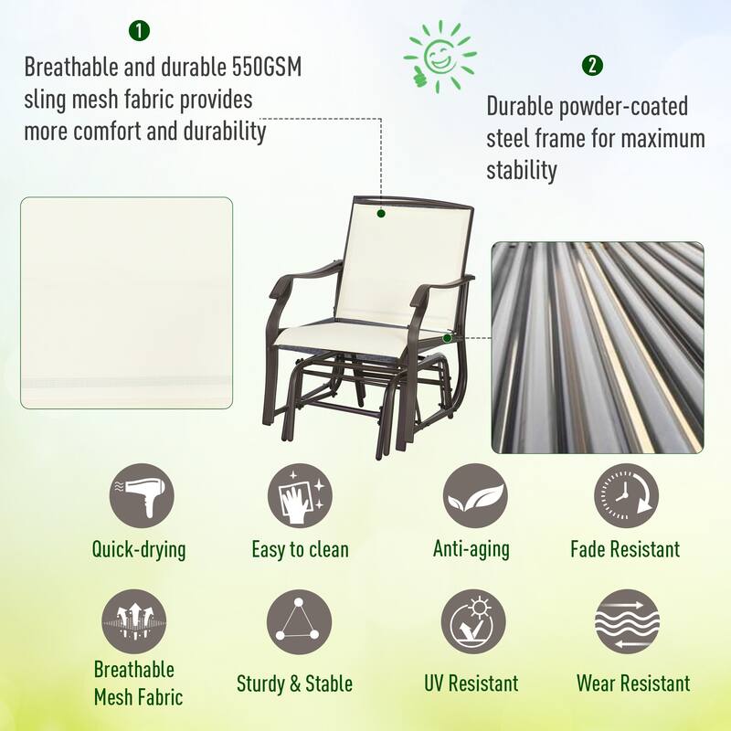 3 Piece Outdoor Glider Chair with Coffee Table Bistro Set, 2 Patio Rocking Swing Chairs with Breathable Sling Fabric, Gl