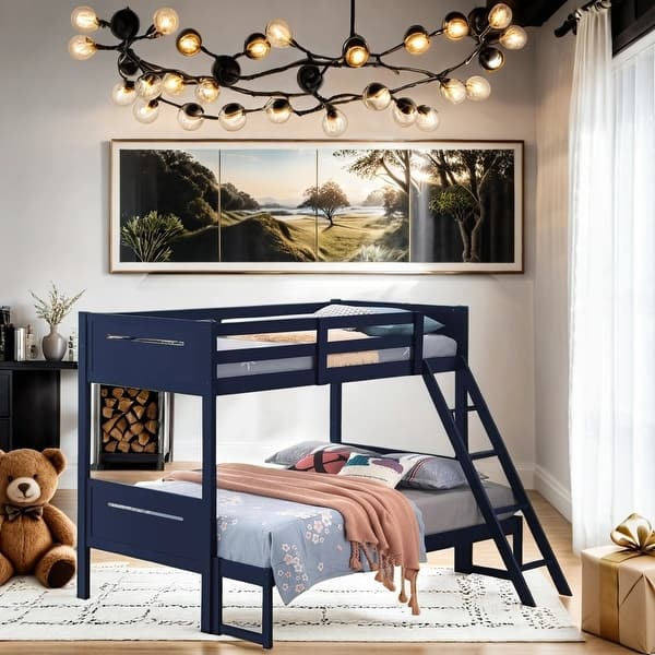 slide 2 of 43, Square Design Twin/Full Wood Bunk Bed with Ladder Blue