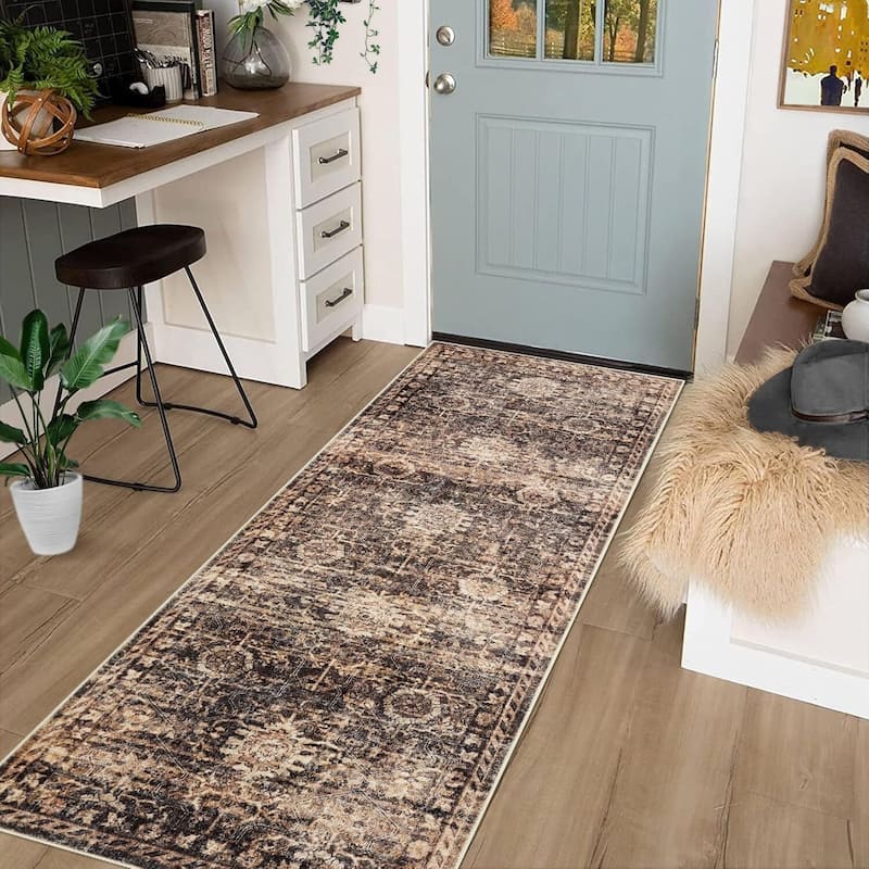 Vintage Boho Washbale Floor Cover Area Rug for Bedroom, Living Room, Brown - 1'6" x 2'6"