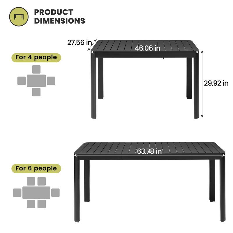 Outdoor Patio Expandable Rectangular Aluminum Dining Table - 29.92" H x 46.06"/63.78" W x 27.56" D
