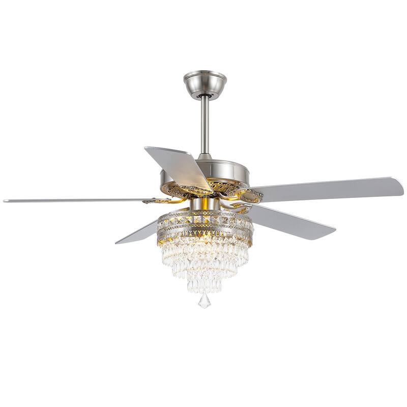 52 Inches Crystal Ceiling Fan Light,Chandelier,APP and Remote Control,5 Dual Side Plywood Blades,Reversible AC Motor - 52 Inches