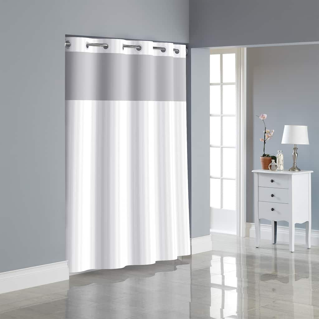 Hookless Satin Stripe 3-in-1 Shower Curtain with Sheer Top Window, Flex-on Rings & PEVA Liner
