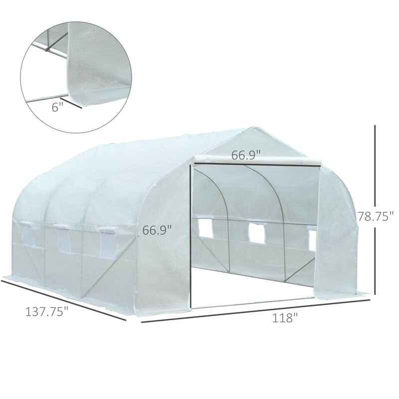 Outsunny 12' x 10' x 7' Outdoor Walk-In Tunnel Greenhouse Hot House with Roll-up Windows, Zippered Door, PE Cover, White