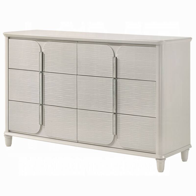 Veda Wide Dresser, Luxurious Pearl White Wood Finish, 6 Modern Drawers