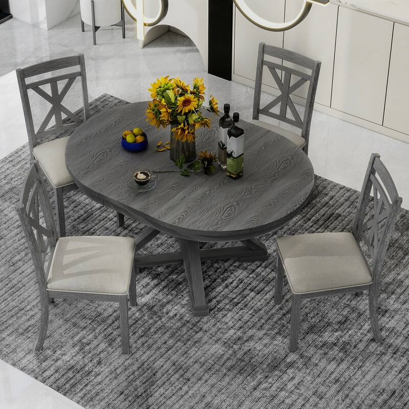 5-Piece Retro Dining Set – Extendable Round Table & 4 Upholstered Chairs for Dining/Living Spaces‌ - Grey