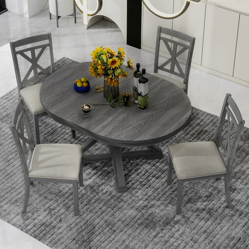 5-Piece Retro Functional Dining Table Set Extendable Round Table and 4 Upholstered Chairs for Dining Room and Living Room