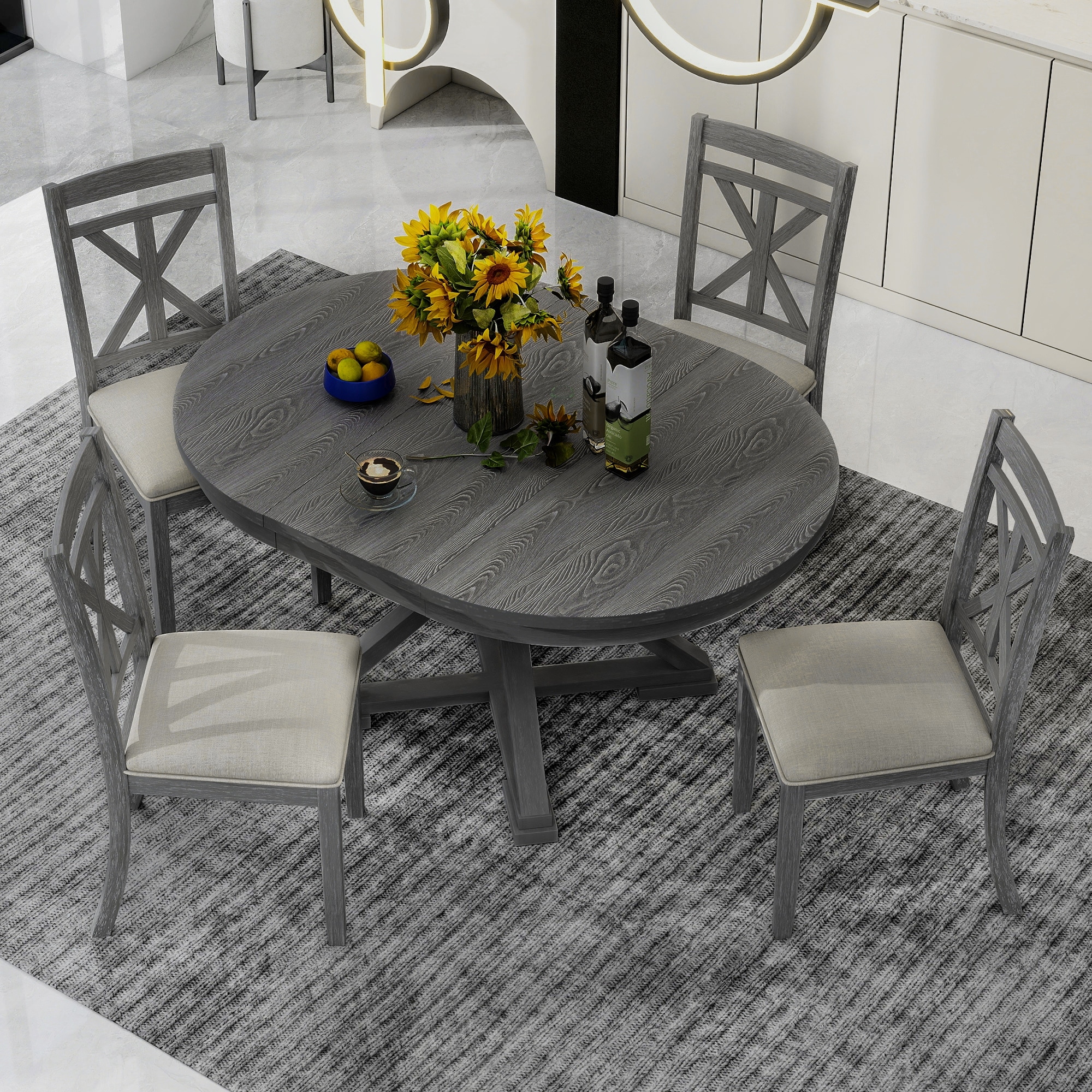 Grey Dining Table Set with Extendable Round Table & Upholstered Chairs