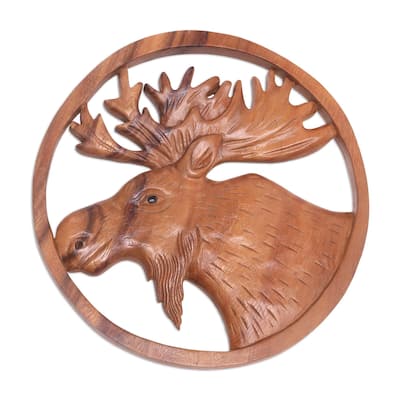 Wood relief panel, 'Moose Portrait' - 0.8" H x 11.5" Diam.