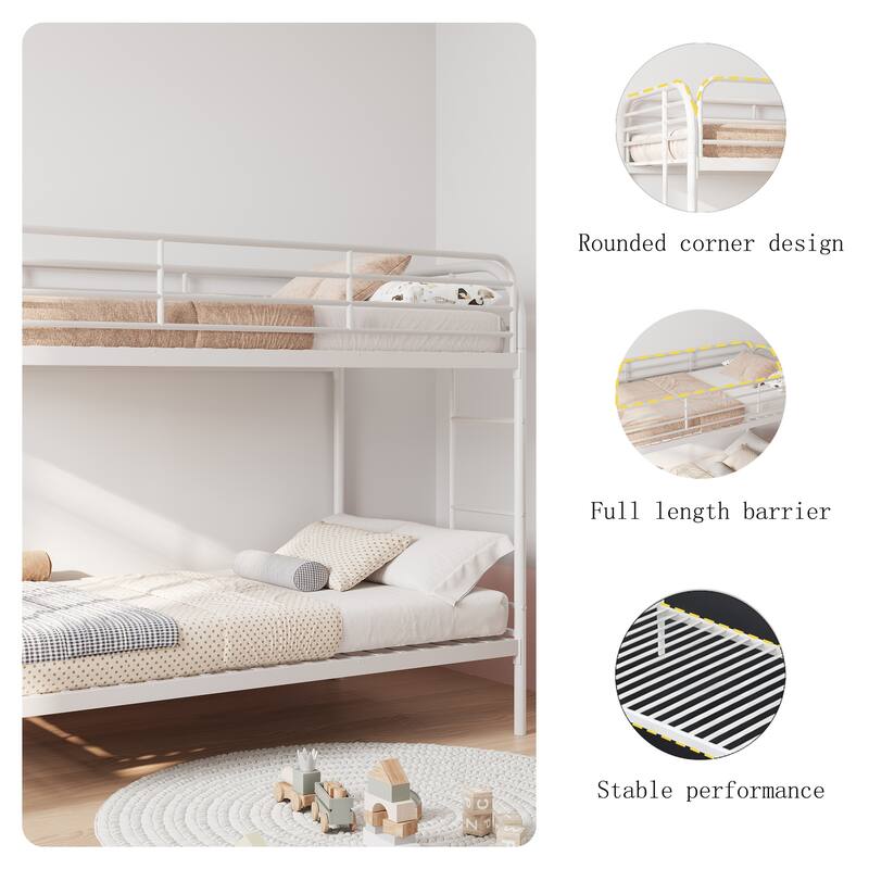 Metal Twin Over Twin Bunk Bed with 2 Ladders, Heavy-Duty Iron Frame, Full-Length Guardrails, No Box Spring Needed
