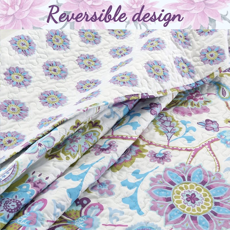 Cozy Line Lavender Purple Blue Floral Paisley 3-Piece Quilt Bedding Set