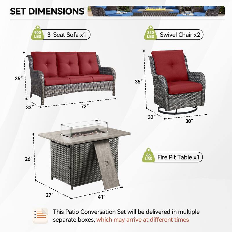 Gymojoy 4-Piece Outdoor Furniture Set, 2 Swivel Glider Chairs, 3-Seat Sofa & 55K BTU Fire Pit Table