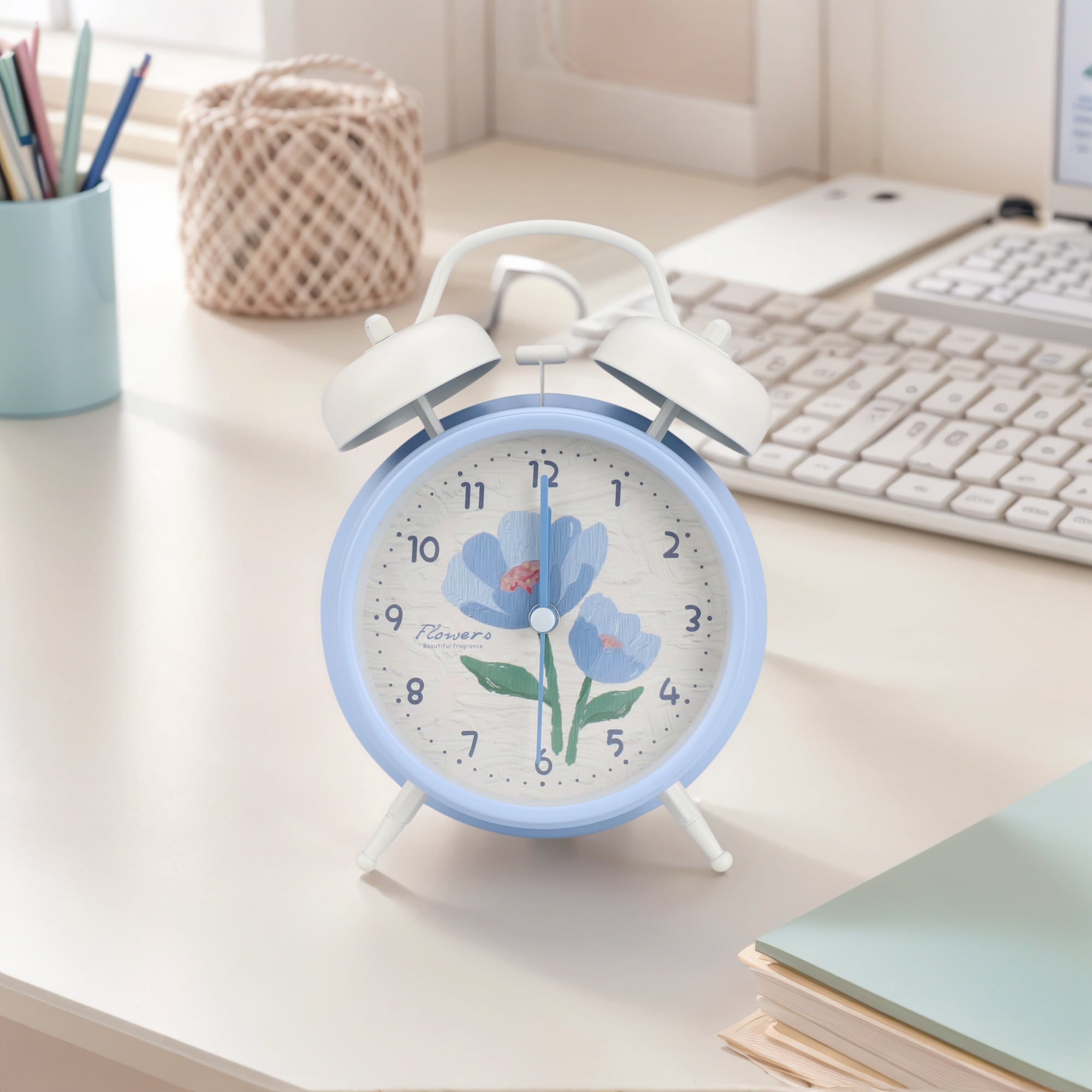 Vintage Metal Alarm Clock, Loud Alarms, Fresh Floral Pattern, Ideal for Bedroom Nightstand - 4.6"L x 2.2"W x 6.6"H