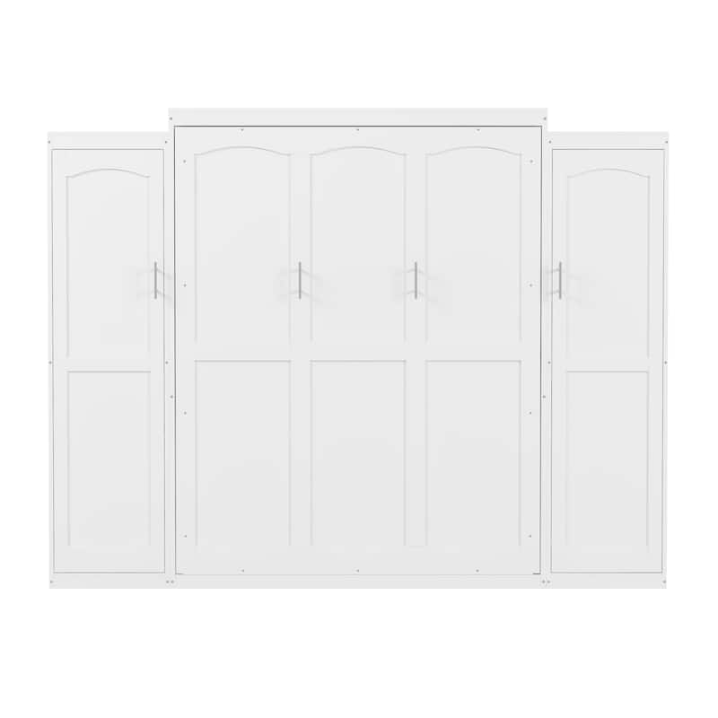 Full/Queen Size Murphy Bed, Wood Wall Murphy Bed with Two Closets and Shelves, Foldable Platform Bed Frame with Wooden Slats
