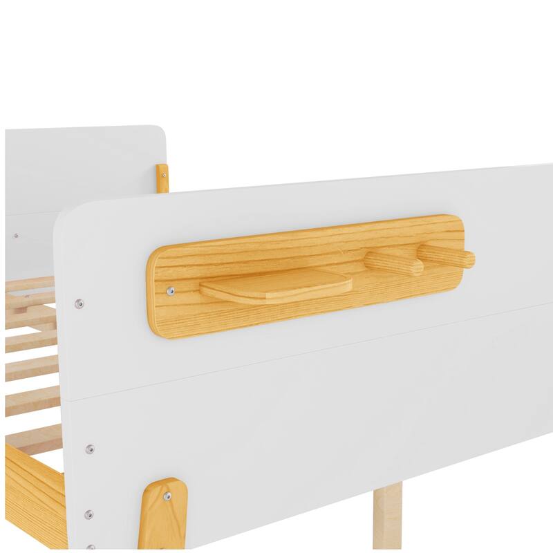 Kids Wood Platform Bed with Guardrails, Bottle Holder and 2 Hanging Rod, Convertible Toddler Daybed, Low Profile Design Frame