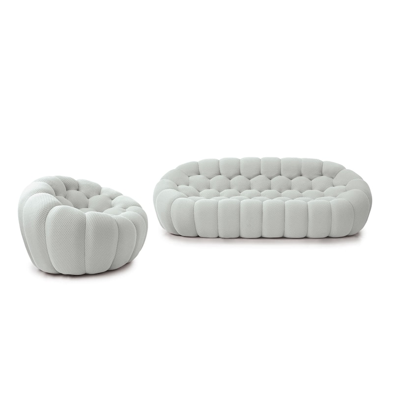 2PCS 3D Honeycomb Fabric Upholstered Bubble Sofa, 3 Seater Bubble Couch and Single Sofa for Living Room