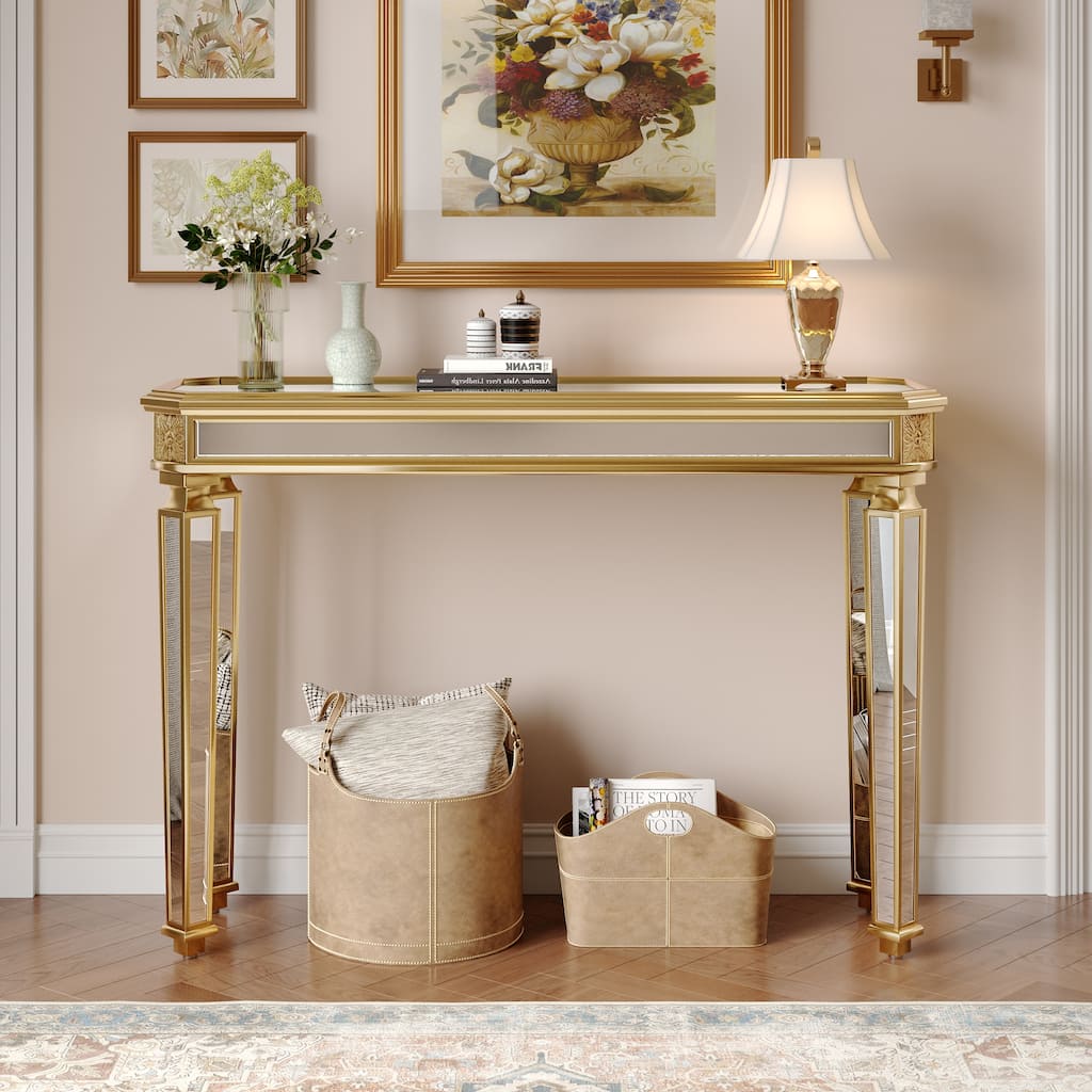 Vintage Mirrored 48" Console Table with Elegant Carving Design for Entryway or Living Room Use