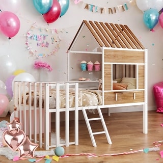 Twin Size Loft Bed With Roof and Window,Guardrail and Ladder for Home