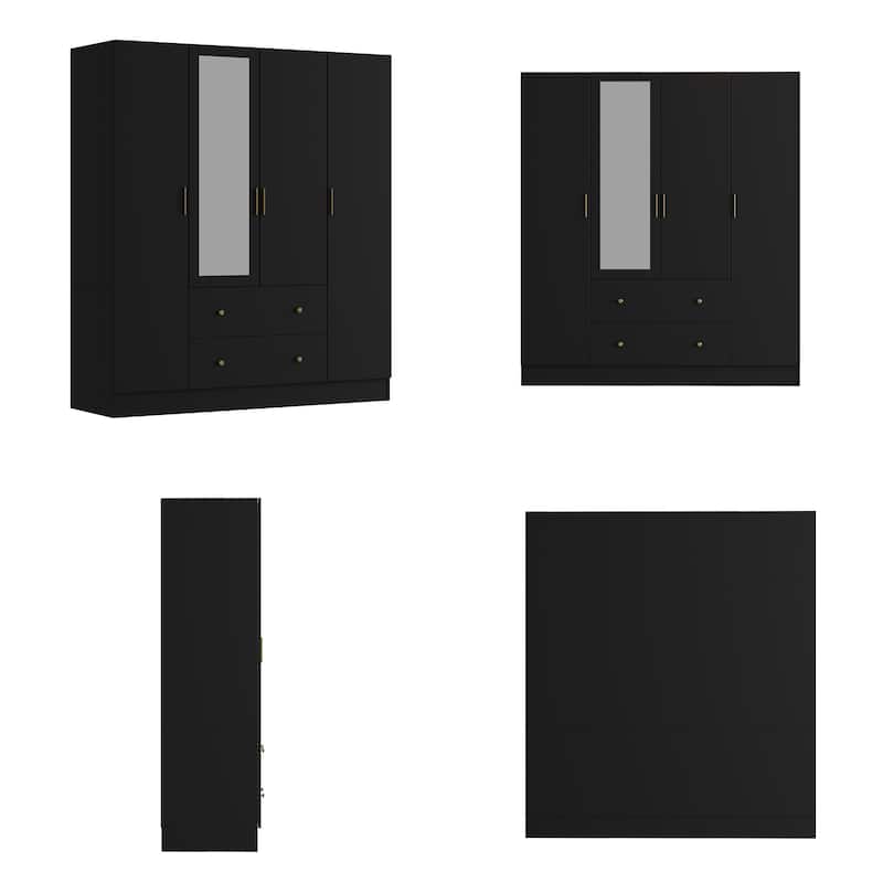 Wardrobe Armoire Wooden Closet with Mirror Storage Cubes Hanging Rod