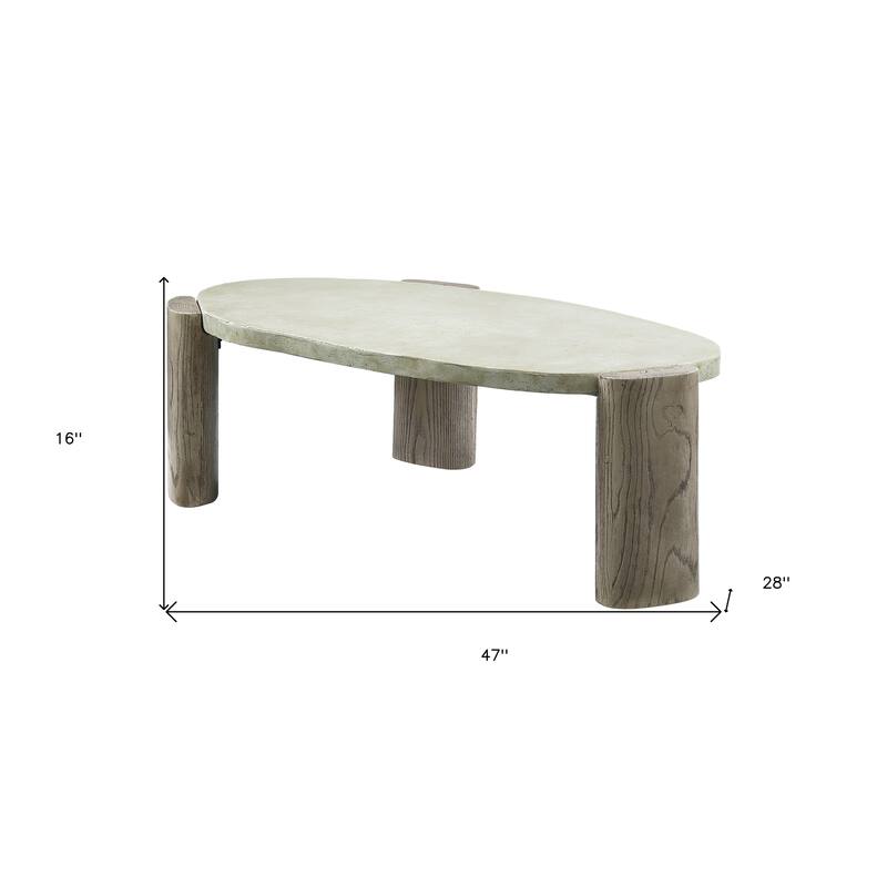 HomeRoots 47" Beige and Oak Distressed Cement Oval Coffee Table - 47.00 in. x 16.00 in. x 28.00 in.