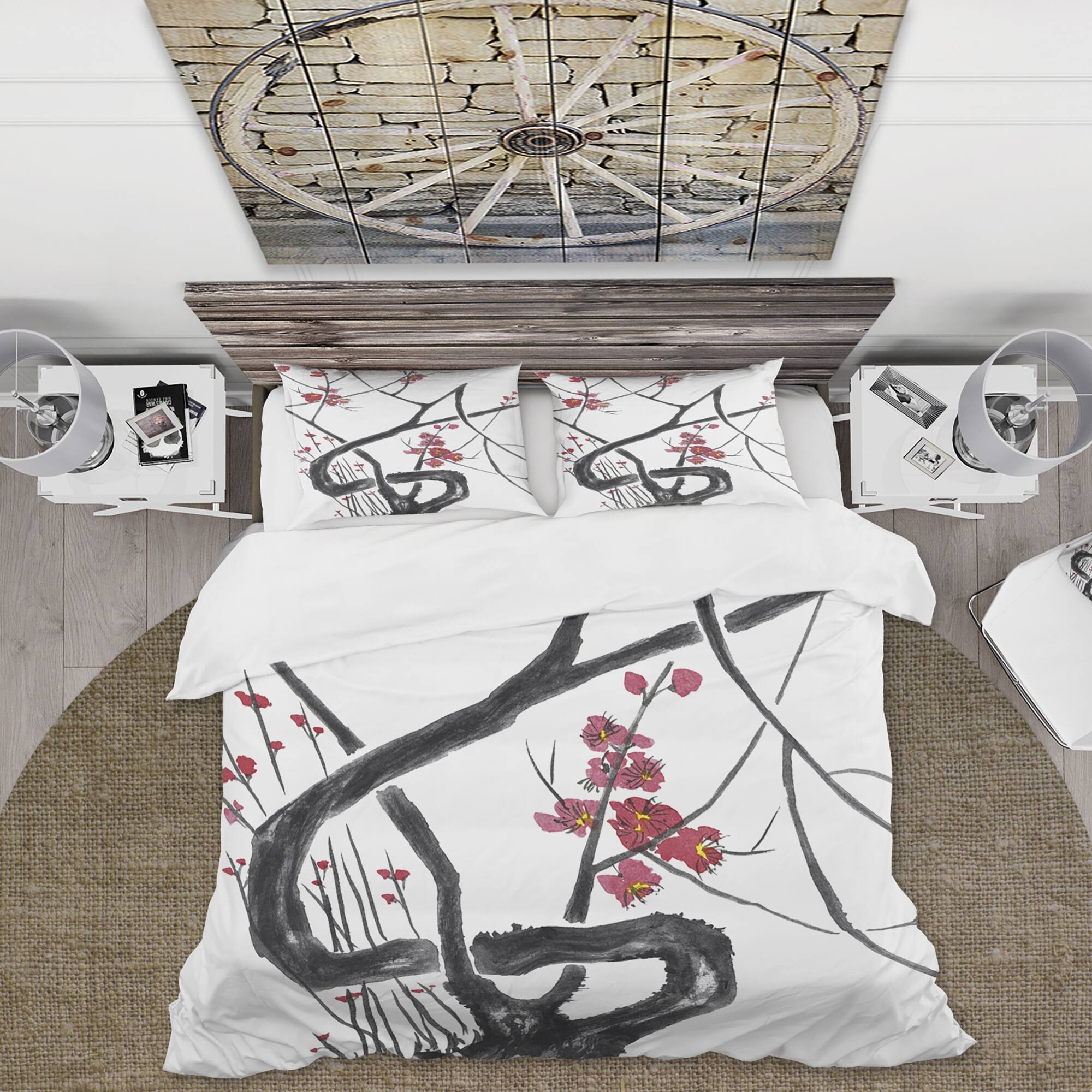 Designart 'Japanese Cherry Blossom' Traditional Duvet Cover Set Bed