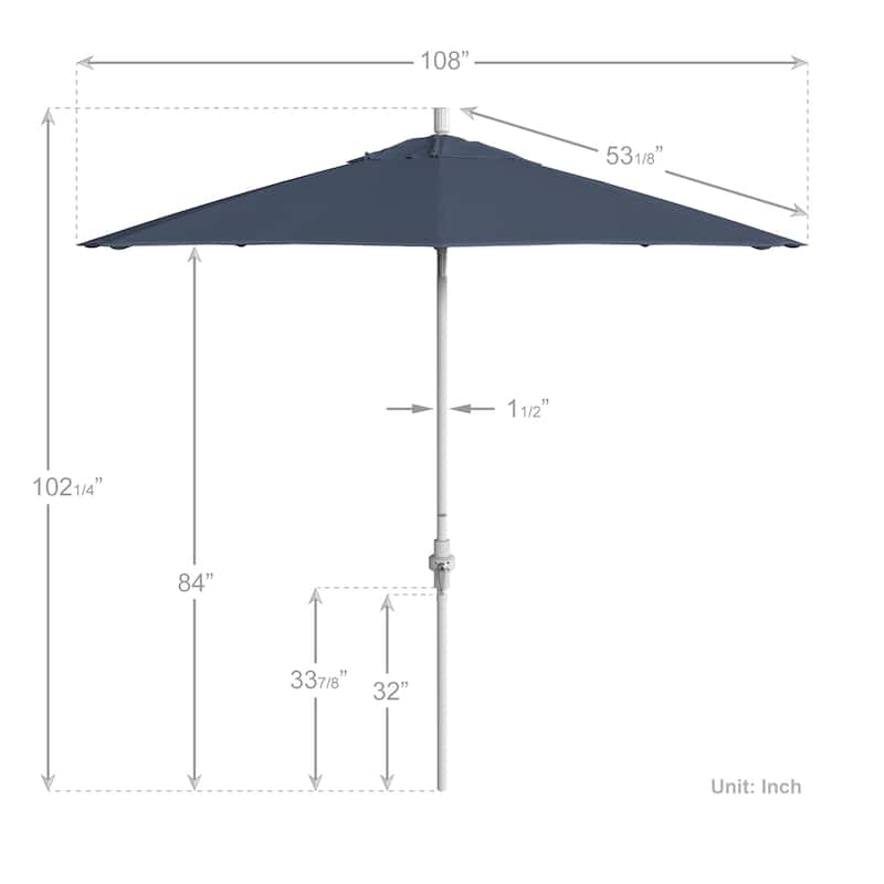 California Umbrella 9' Rd Patio Umbrella White Aluminum Frame Fiberglass Ribs Crank Lift Collar Tilt, Pacifica Pacific Blue