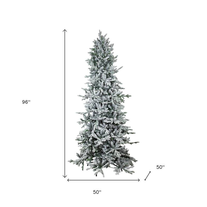 HomeRoots 8' Slender Flocked Pine Christmas Tree - Green/White - 50.00 in. x 96.00 in. x 50.00 in.
